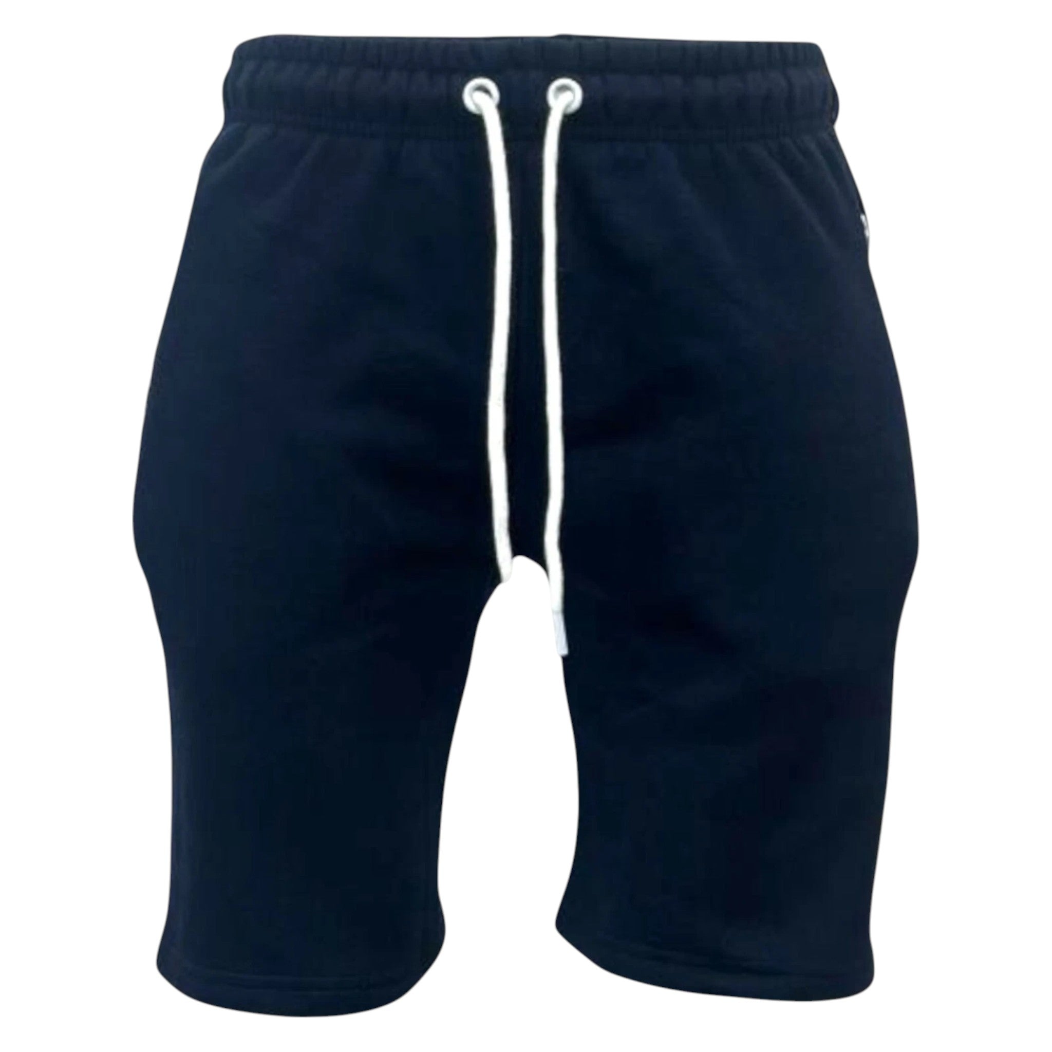 Men’s JDN navy fleece shorts with white drawstring, elastic waistband, and soft cotton-blend fabric – casual gym or lounge wear